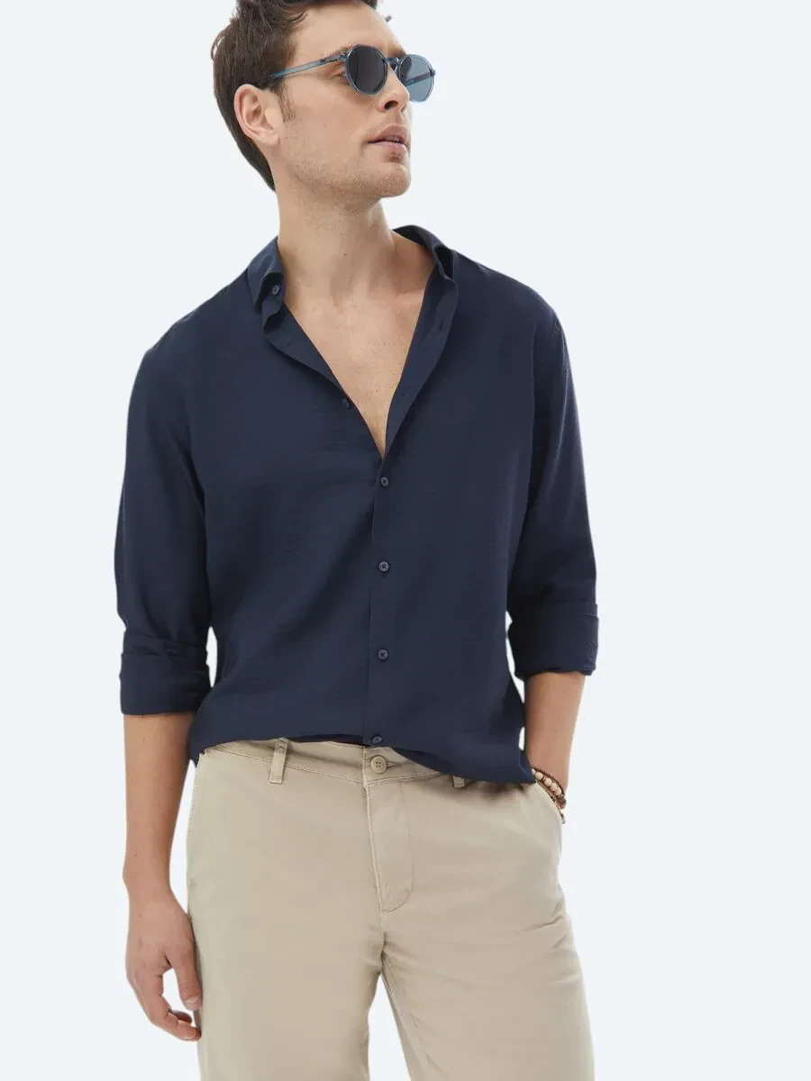 Navy Blue Plain Regular Fit Weaving Classical Shirt - 4