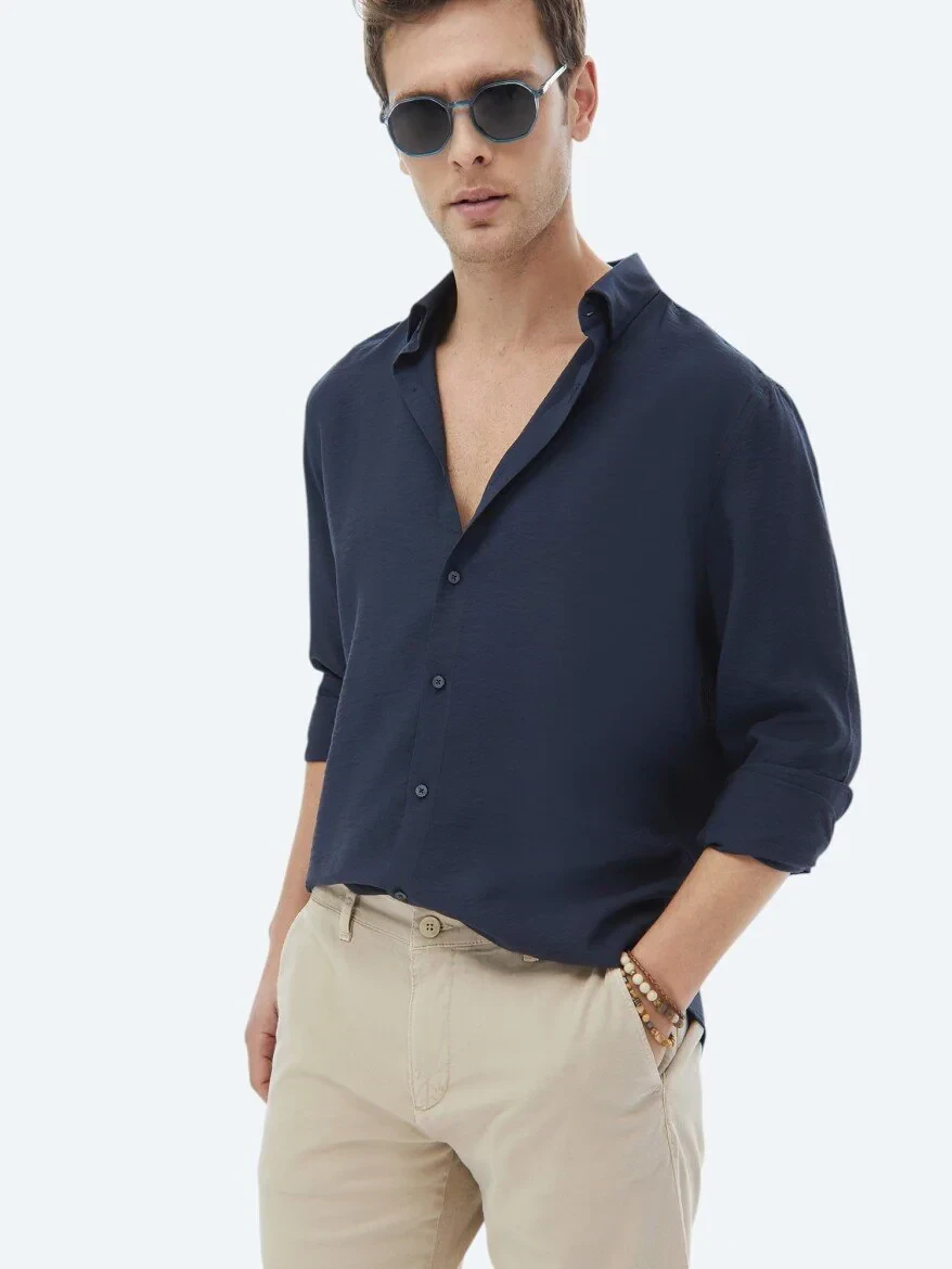 Navy Blue Plain Regular Fit Weaving Classical Shirt - 5