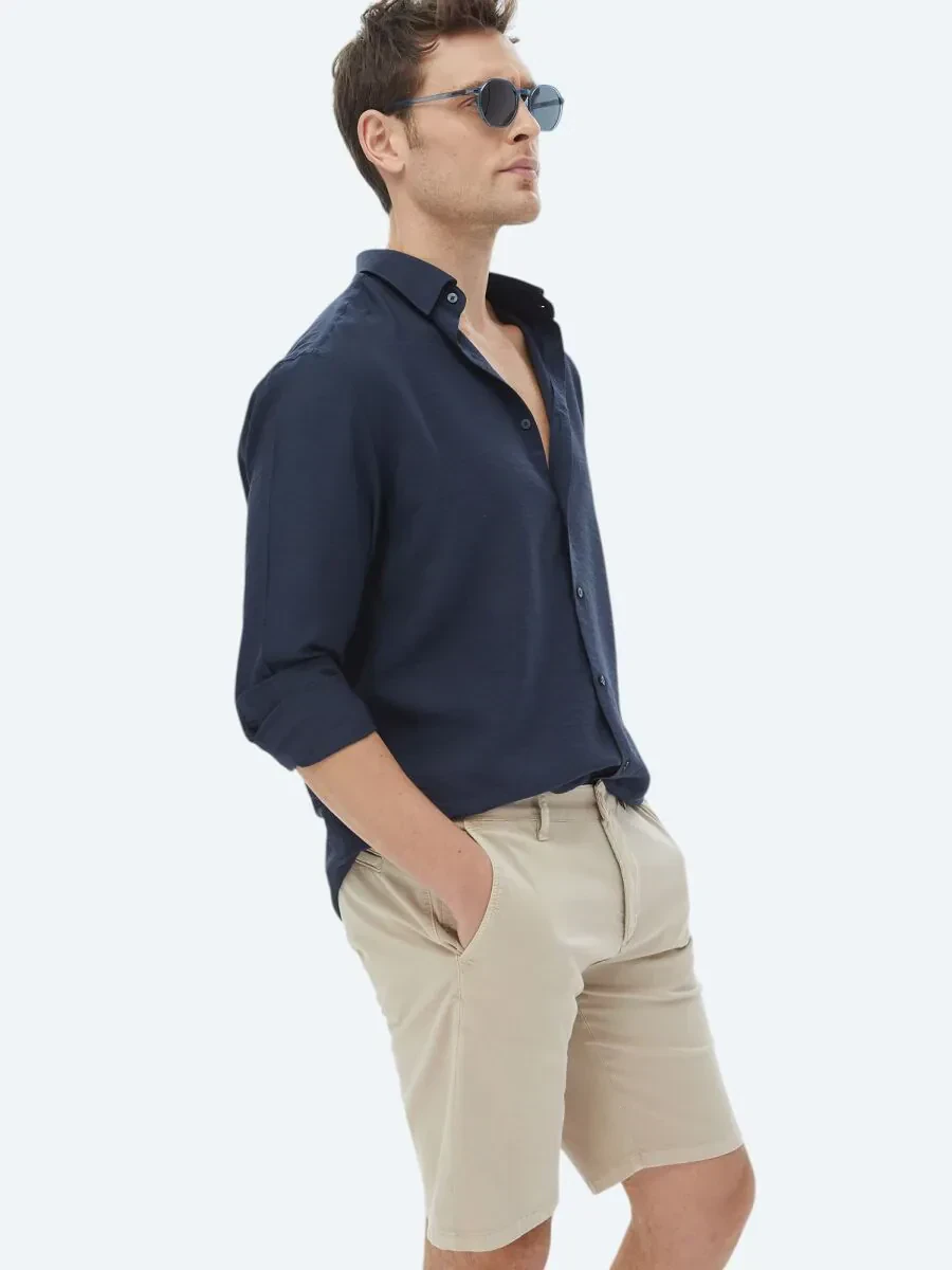 Navy Blue Plain Regular Fit Weaving Classical Shirt - 6