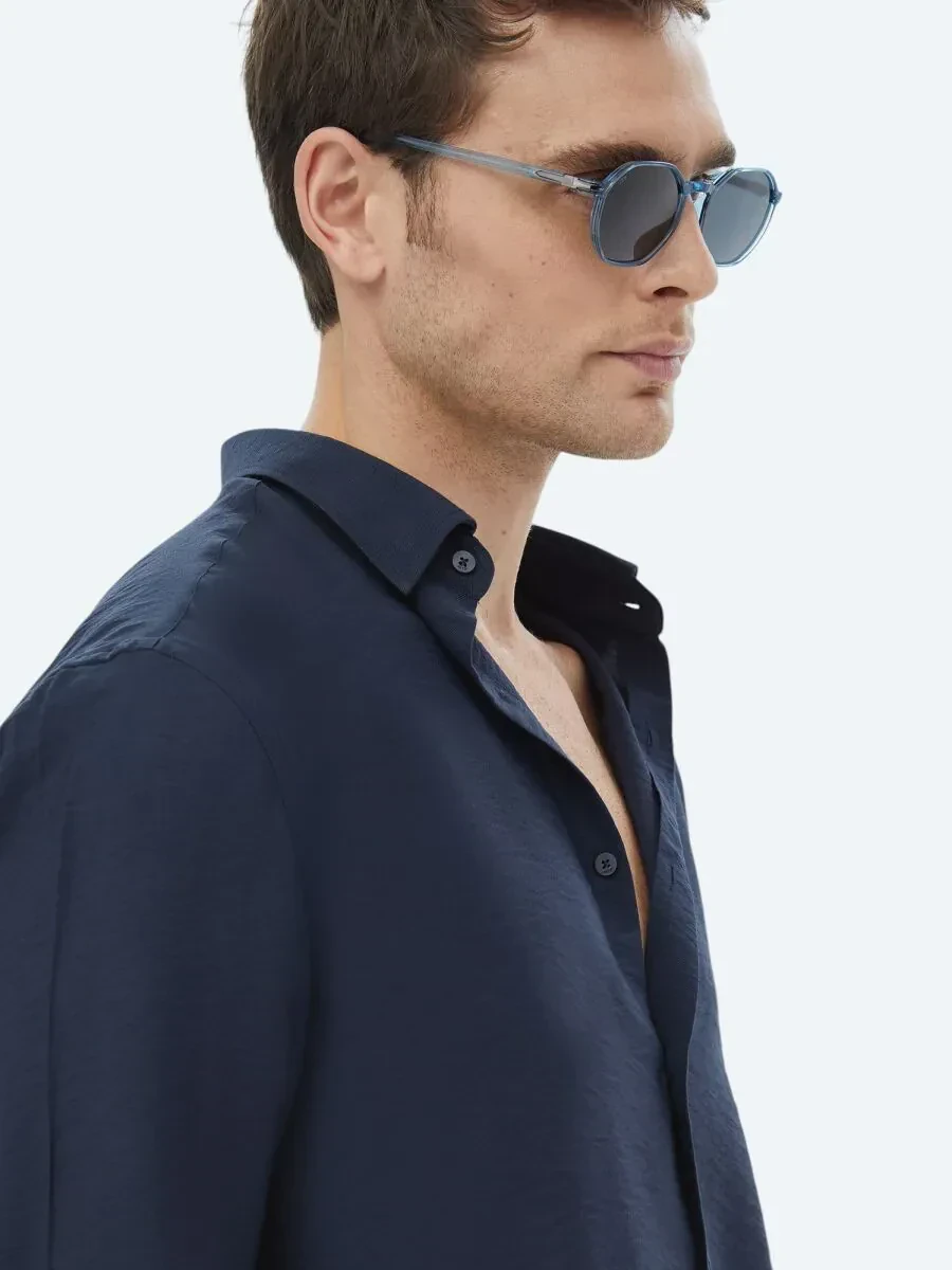 Navy Blue Plain Regular Fit Weaving Classical Shirt - 7