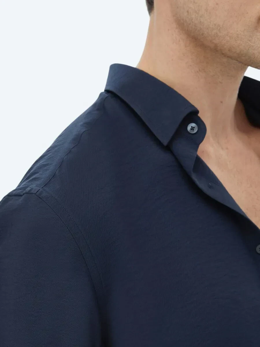 Navy Blue Plain Regular Fit Weaving Classical Shirt - 8