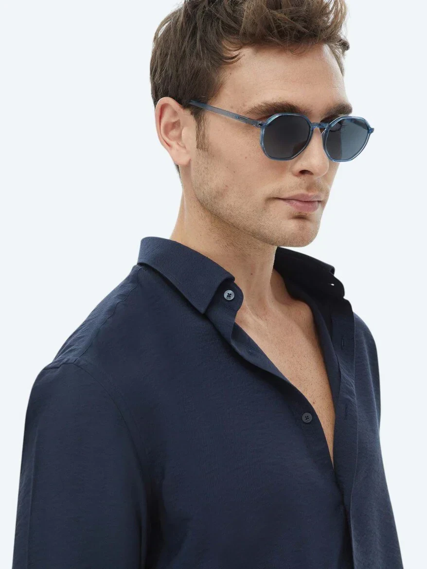 Navy Blue Plain Regular Fit Weaving Classical Shirt - 9