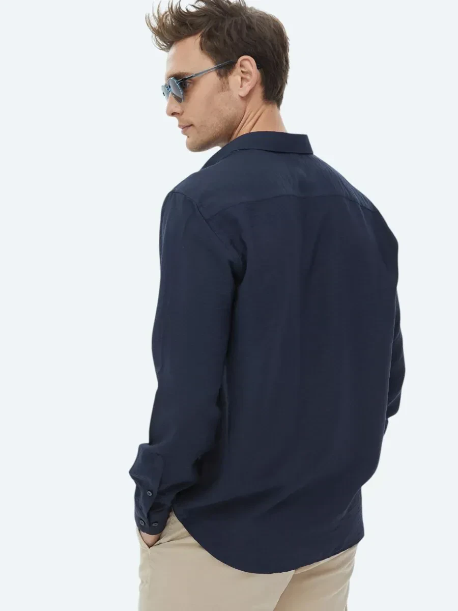 Navy Blue Plain Regular Fit Weaving Classical Shirt - 10