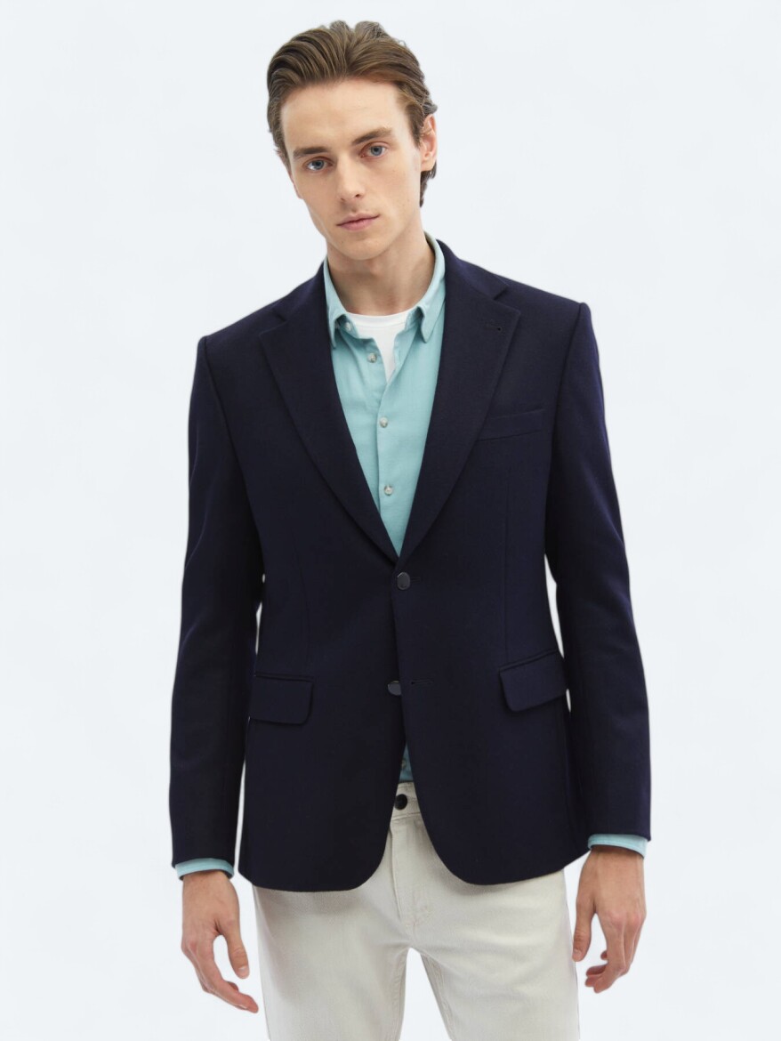Navy Blue Plain Regular Fit Wool Blended Jacket - 1