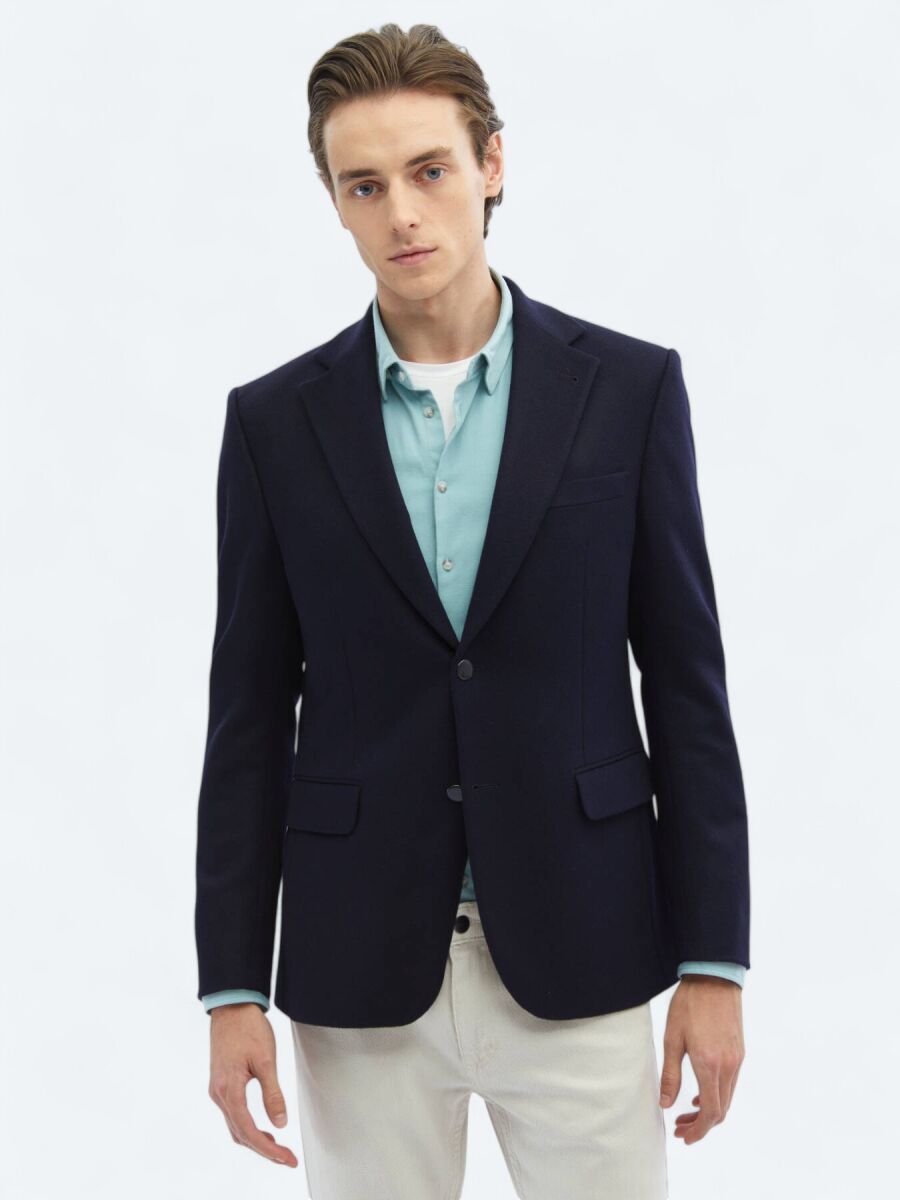 Navy Blue Plain Regular Fit Wool Blended Jacket - 1