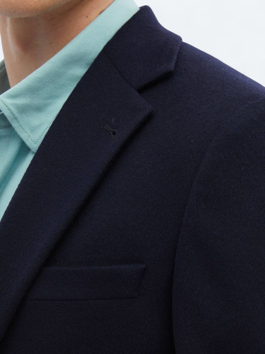 Navy Blue Plain Regular Fit Wool Blended Jacket - 6