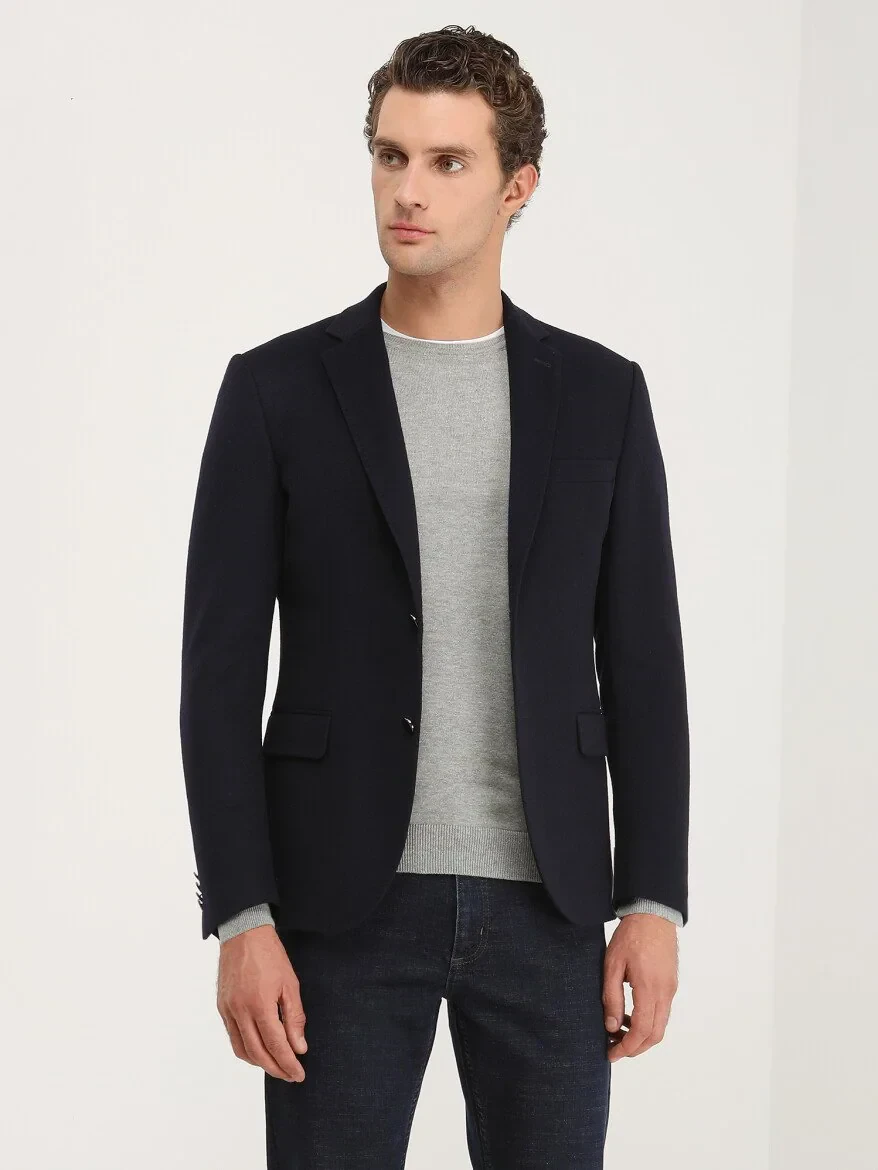 Navy Blue Plain Regular Fit Wool Blended Jacket - 1