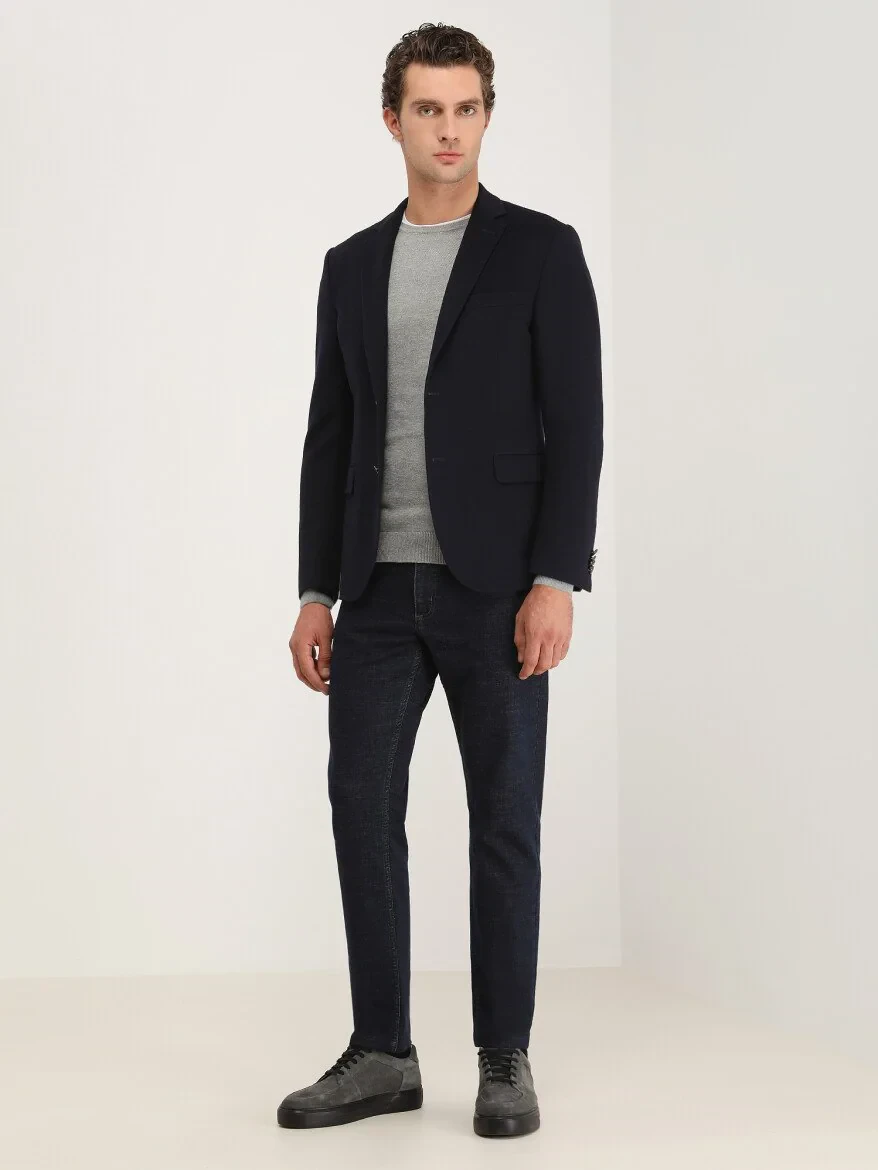 Navy Blue Plain Regular Fit Wool Blended Jacket - 3