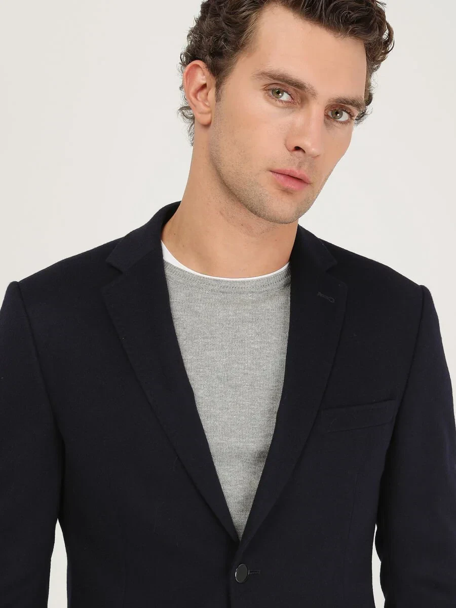Navy Blue Plain Regular Fit Wool Blended Jacket - 4