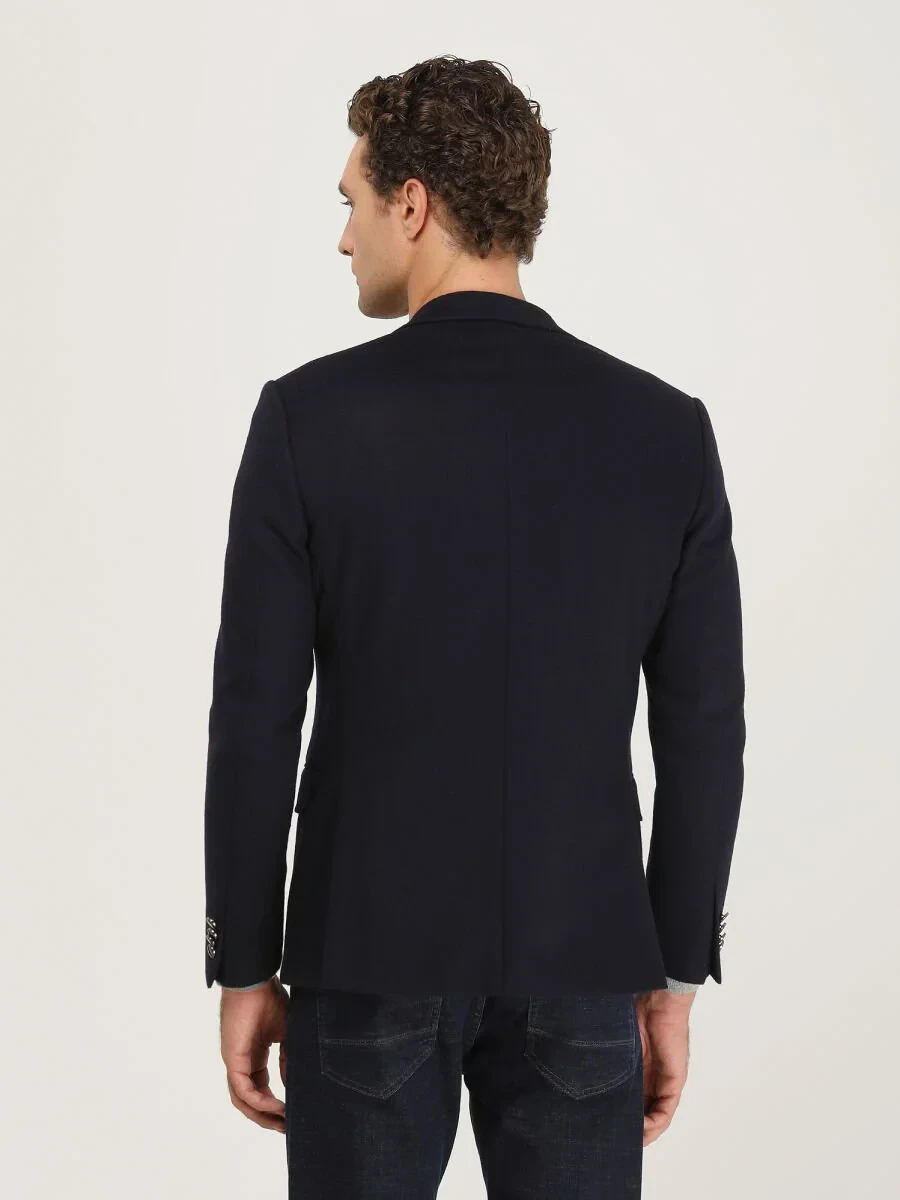 Navy Blue Plain Regular Fit Wool Blended Jacket - 5