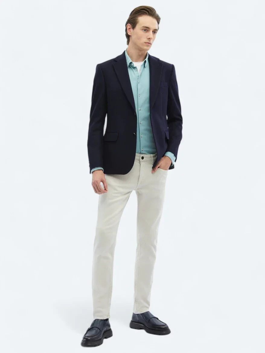Navy Blue Plain Regular Fit Wool Blended Jacket - 2