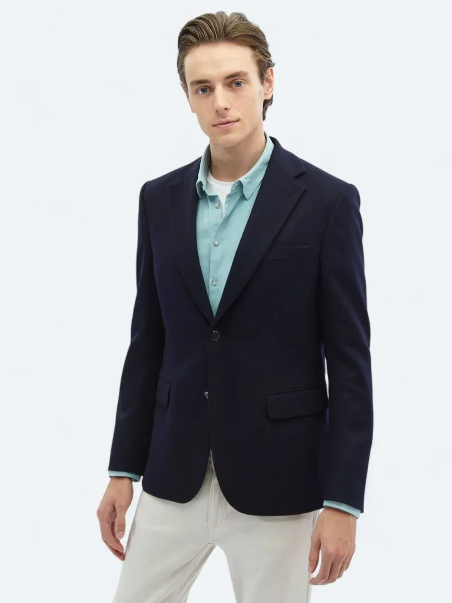 Navy Blue Plain Regular Fit Wool Blended Jacket - 3