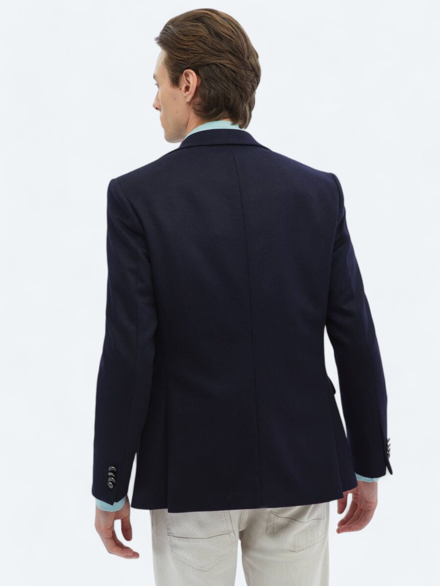 Navy Blue Plain Regular Fit Wool Blended Jacket - 7