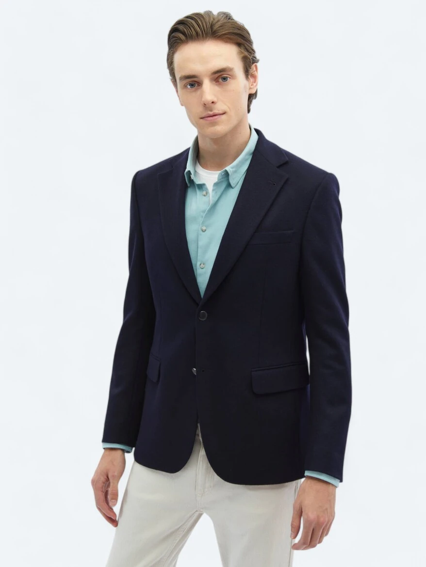 Navy Blue Plain Regular Fit Wool Blended Jacket - 1