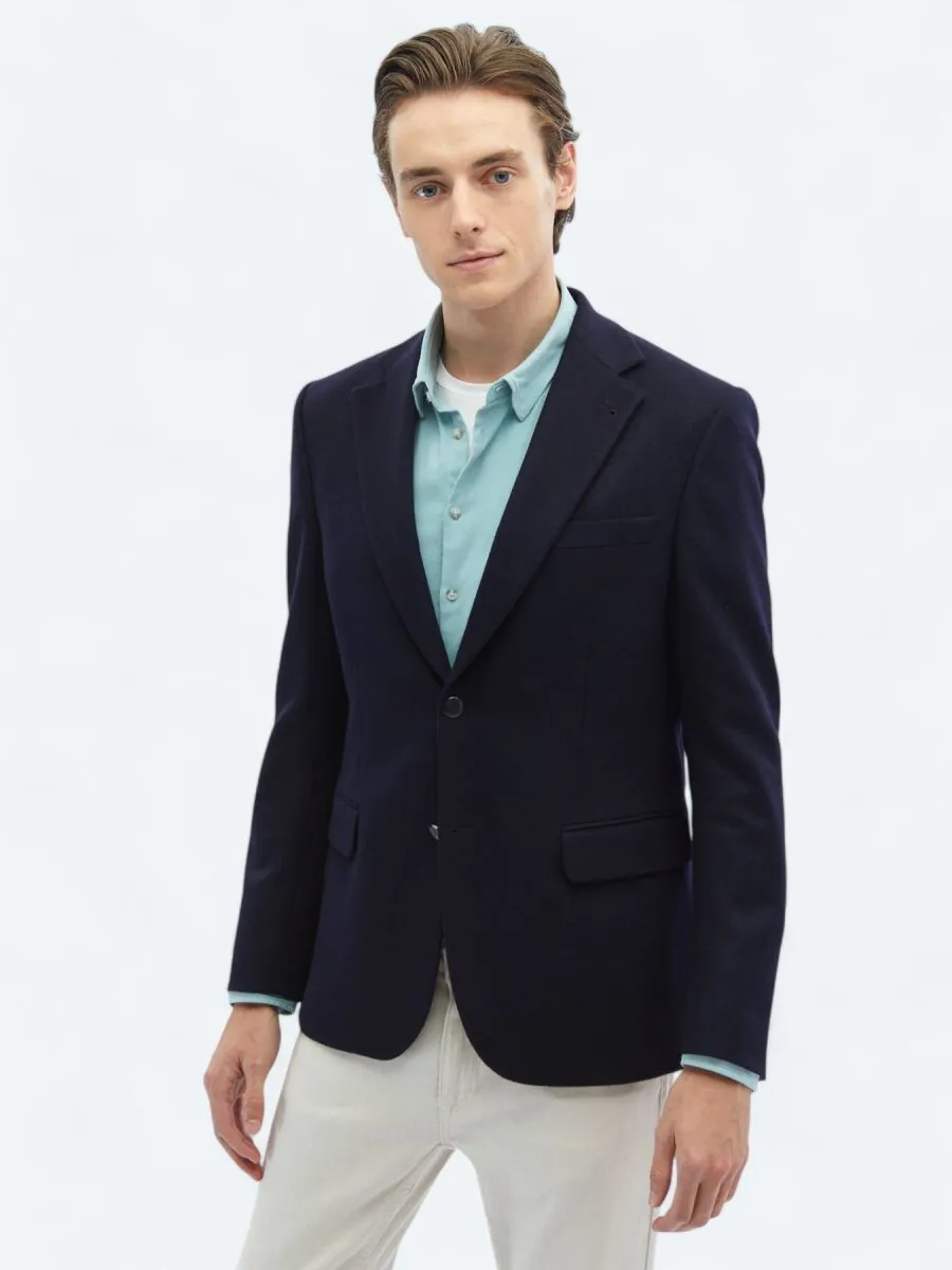 Navy Blue Plain Regular Fit Wool Blended Jacket - 1
