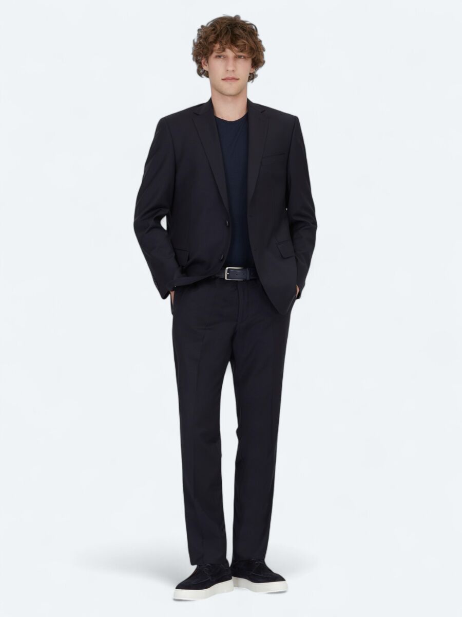 Navy Blue Plain Regular Fit Wool Blended Suit - 1