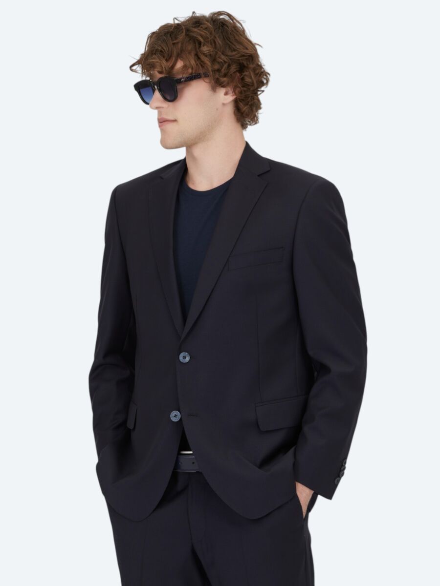 Navy Blue Plain Regular Fit Wool Blended Suit - 2