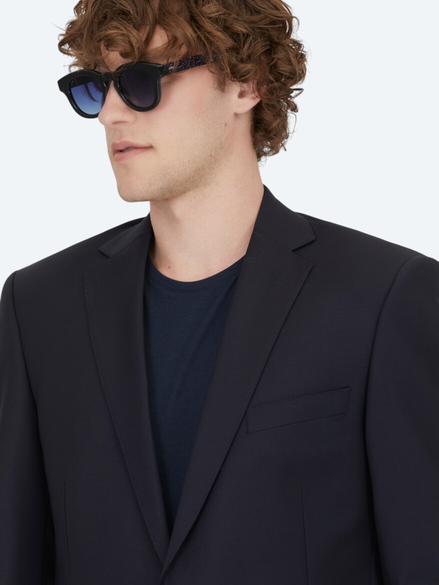 Navy Blue Plain Regular Fit Wool Blended Suit - 3