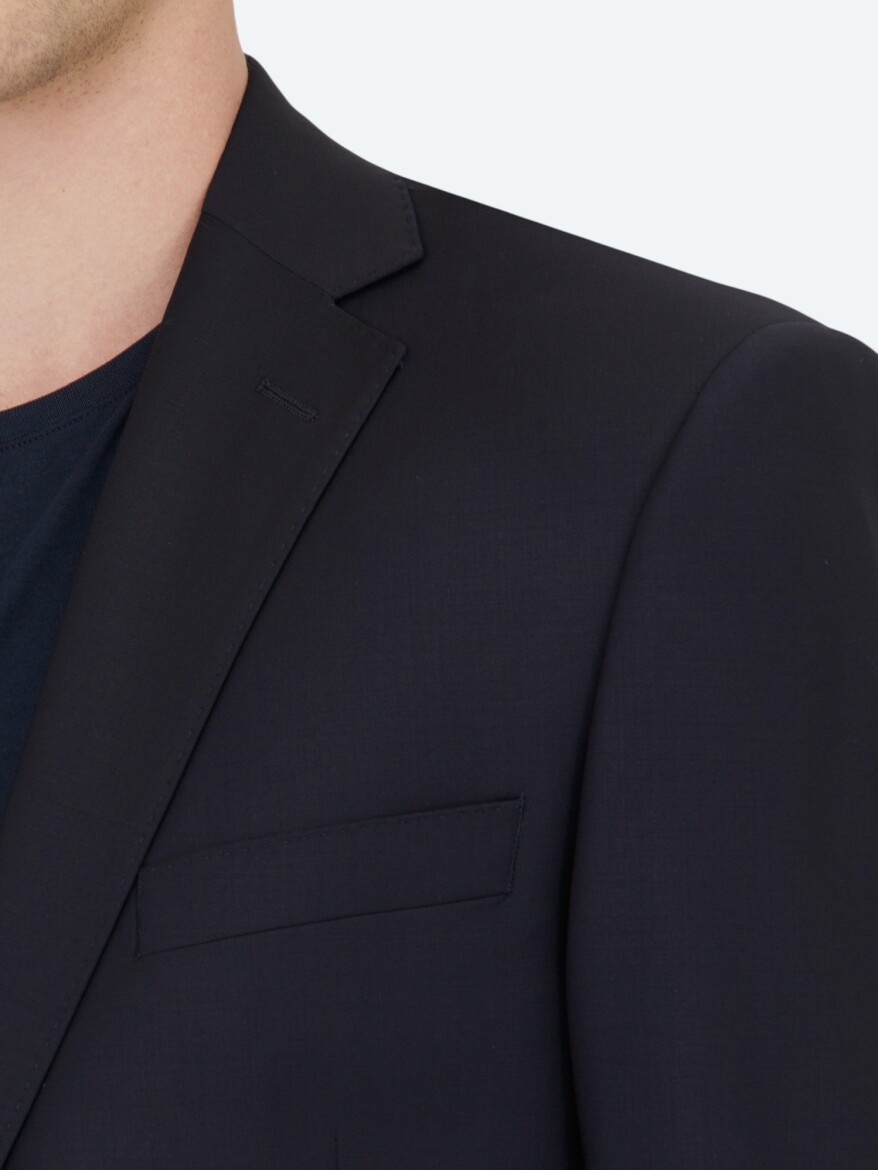 Navy Blue Plain Regular Fit Wool Blended Suit - 4