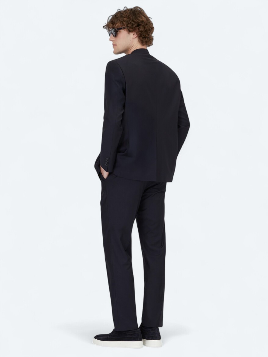 Navy Blue Plain Regular Fit Wool Blended Suit - 5
