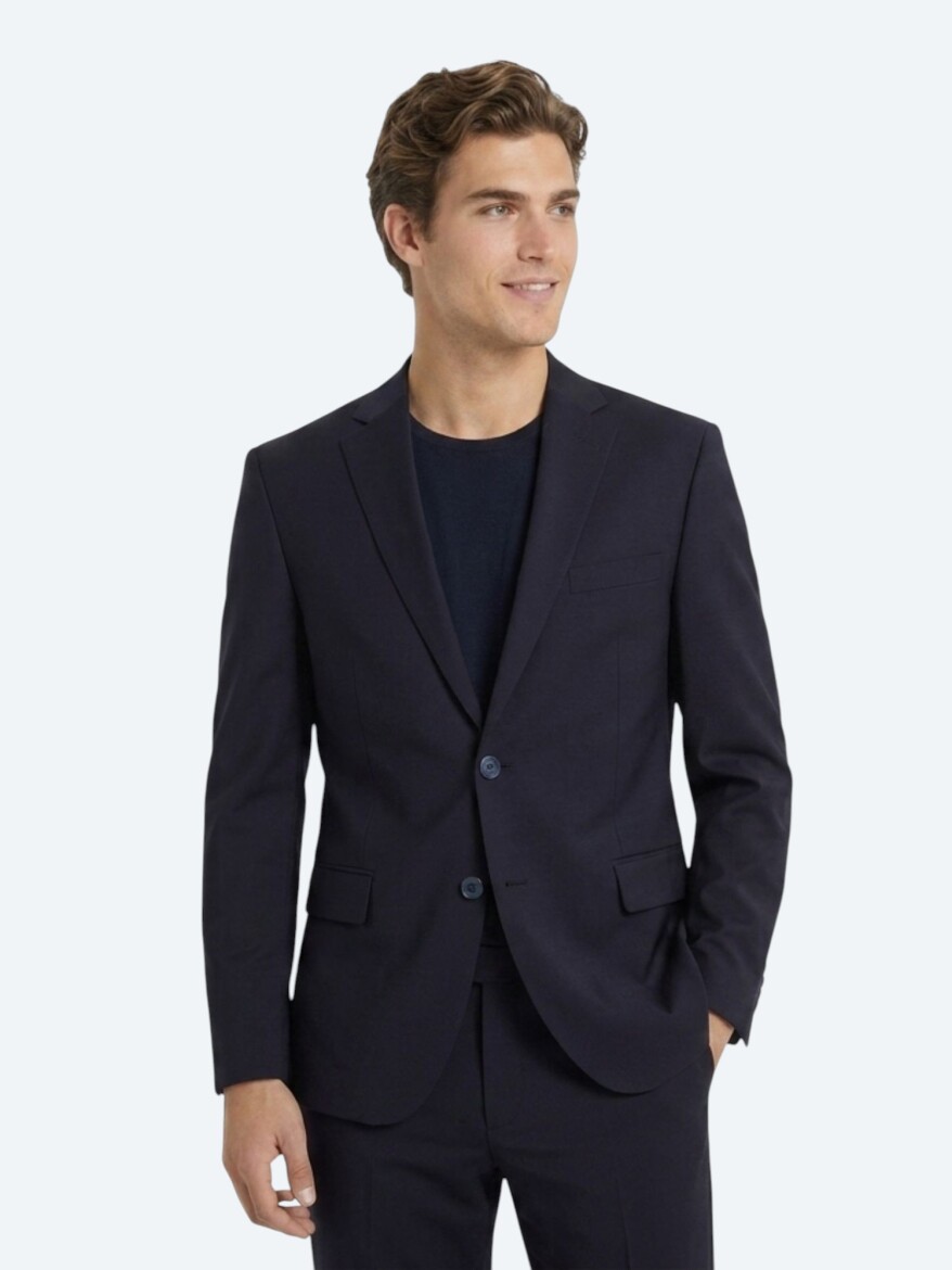 Navy Blue Plain Regular Fit Wool Blended Suit 