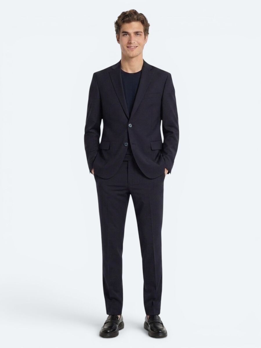 Navy Blue Plain Regular Fit Wool Blended Suit - 3