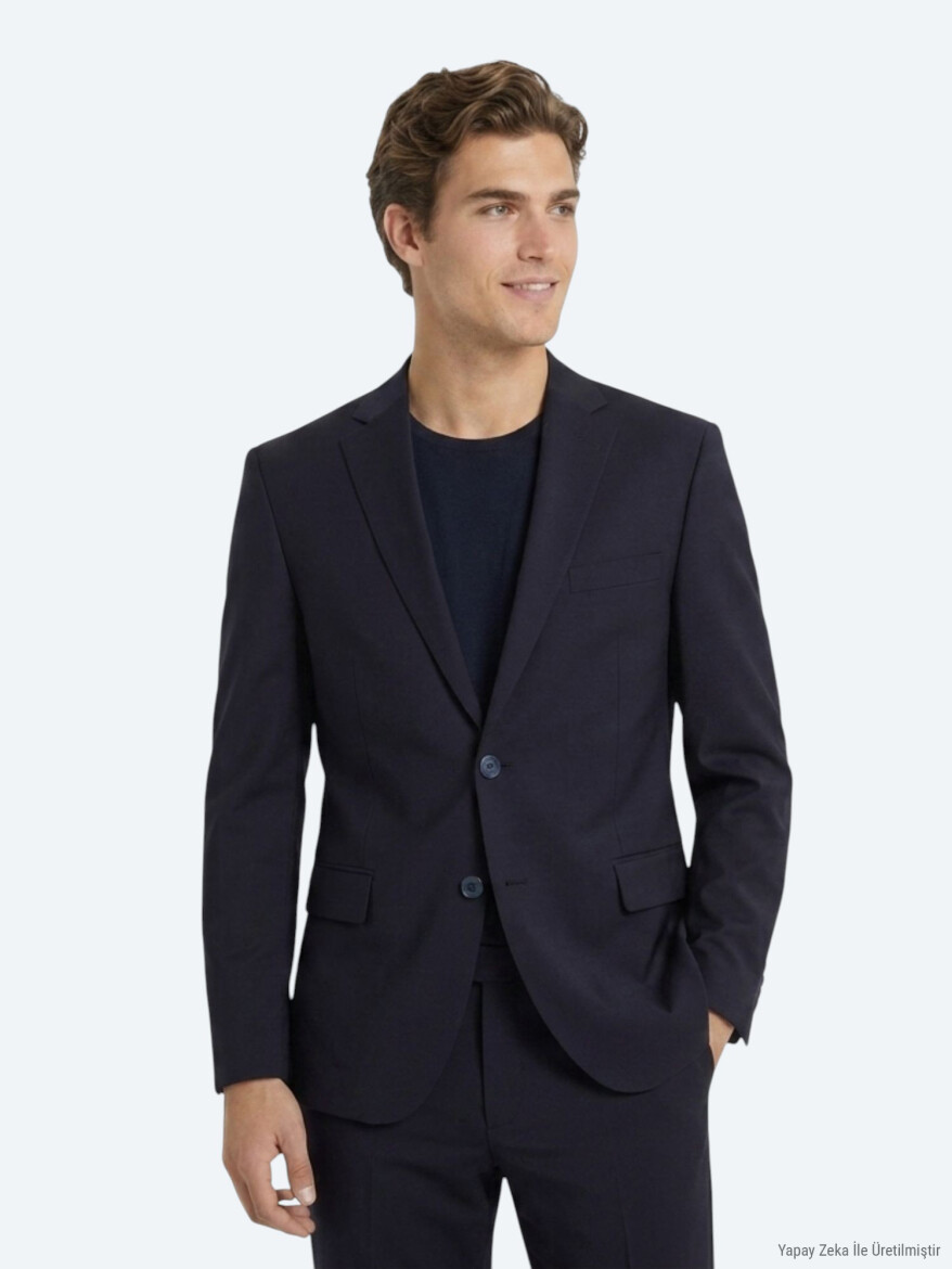 Navy Blue Plain Regular Fit Wool Blended Suit 