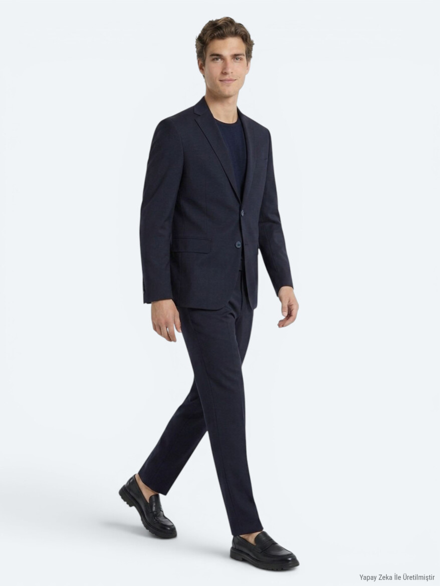 Navy Blue Plain Regular Fit Wool Blended Suit - 2