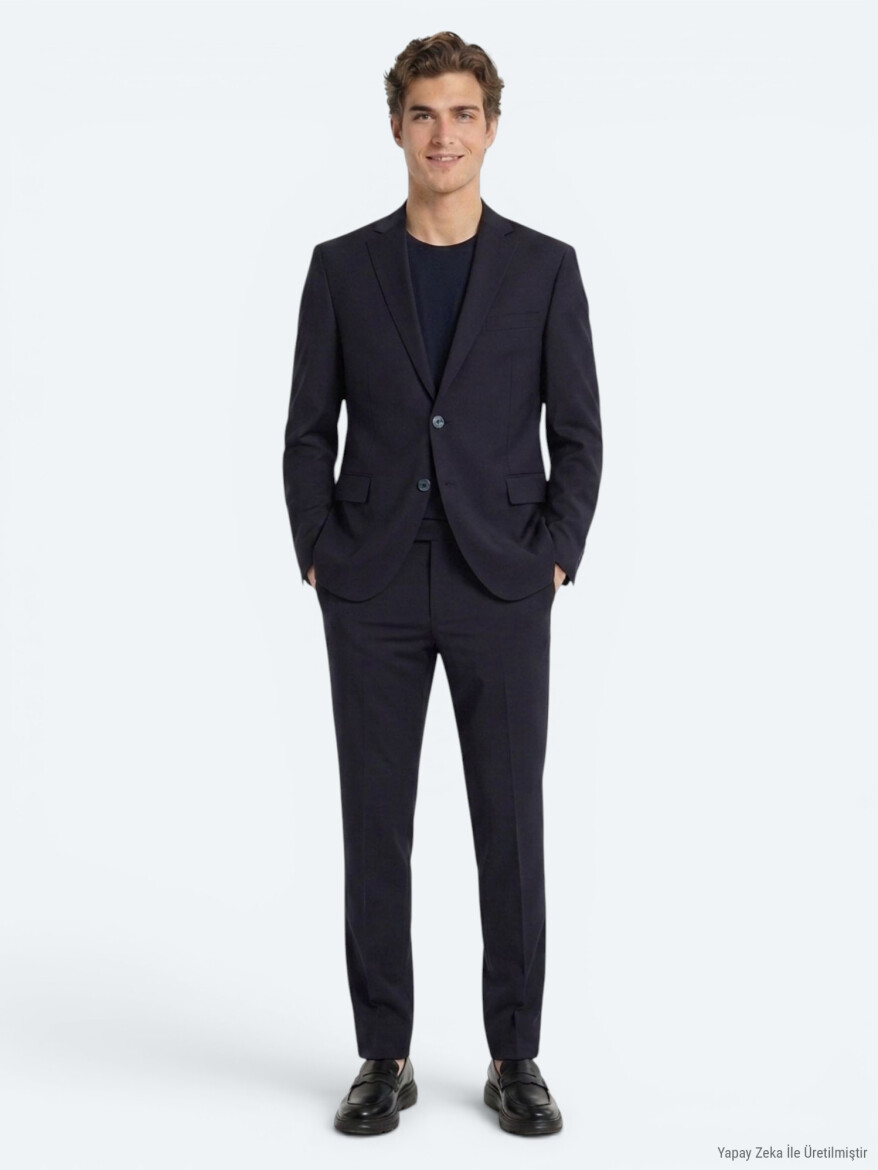 Navy Blue Plain Regular Fit Wool Blended Suit - 3