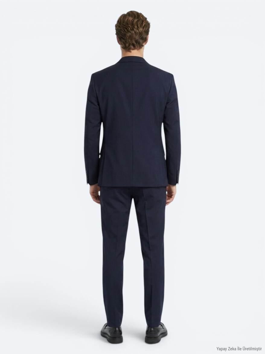 Navy Blue Plain Regular Fit Wool Blended Suit - 4
