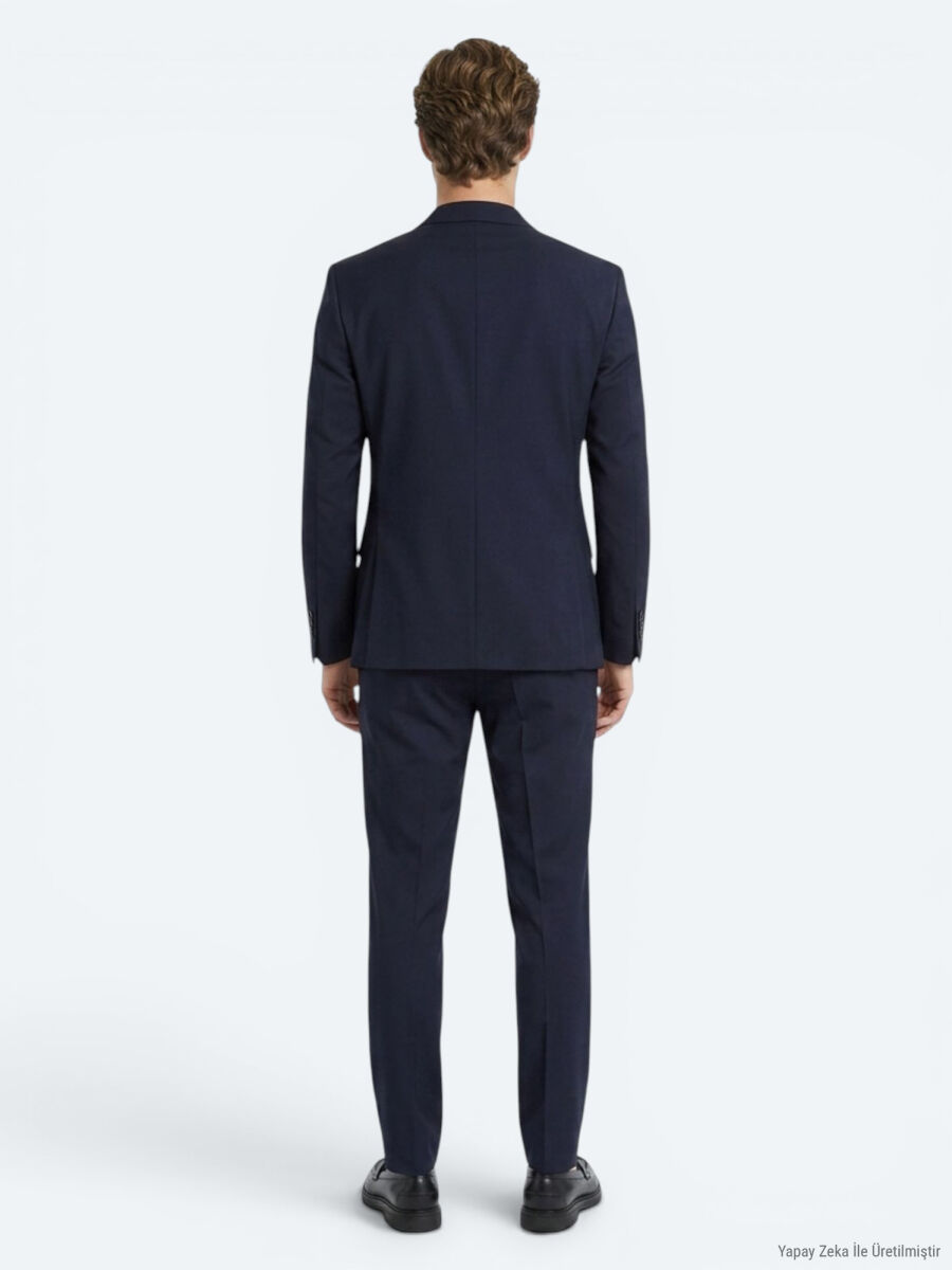 Navy Blue Plain Regular Fit Wool Blended Suit - 4