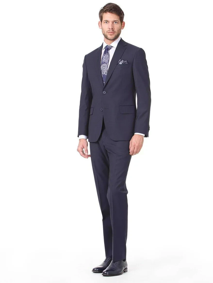 Navy Blue Plain Regular Fit Wool Blended Suit - 1
