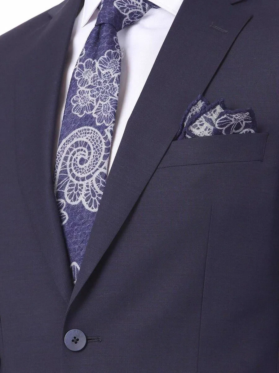 Navy Blue Plain Regular Fit Wool Blended Suit - 3