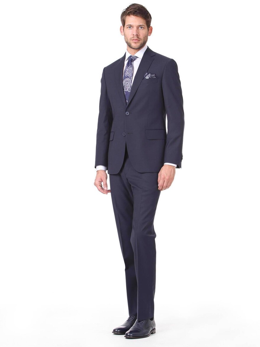 Navy Blue Plain Regular Fit Wool Blended Suit 