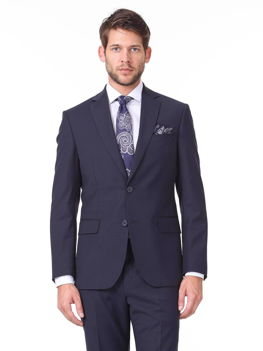Navy Blue Plain Regular Fit Wool Blended Suit - 2