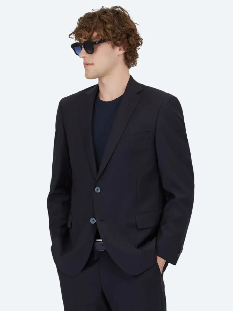Navy Blue Plain Regular Fit Wool Blended Suit - 1