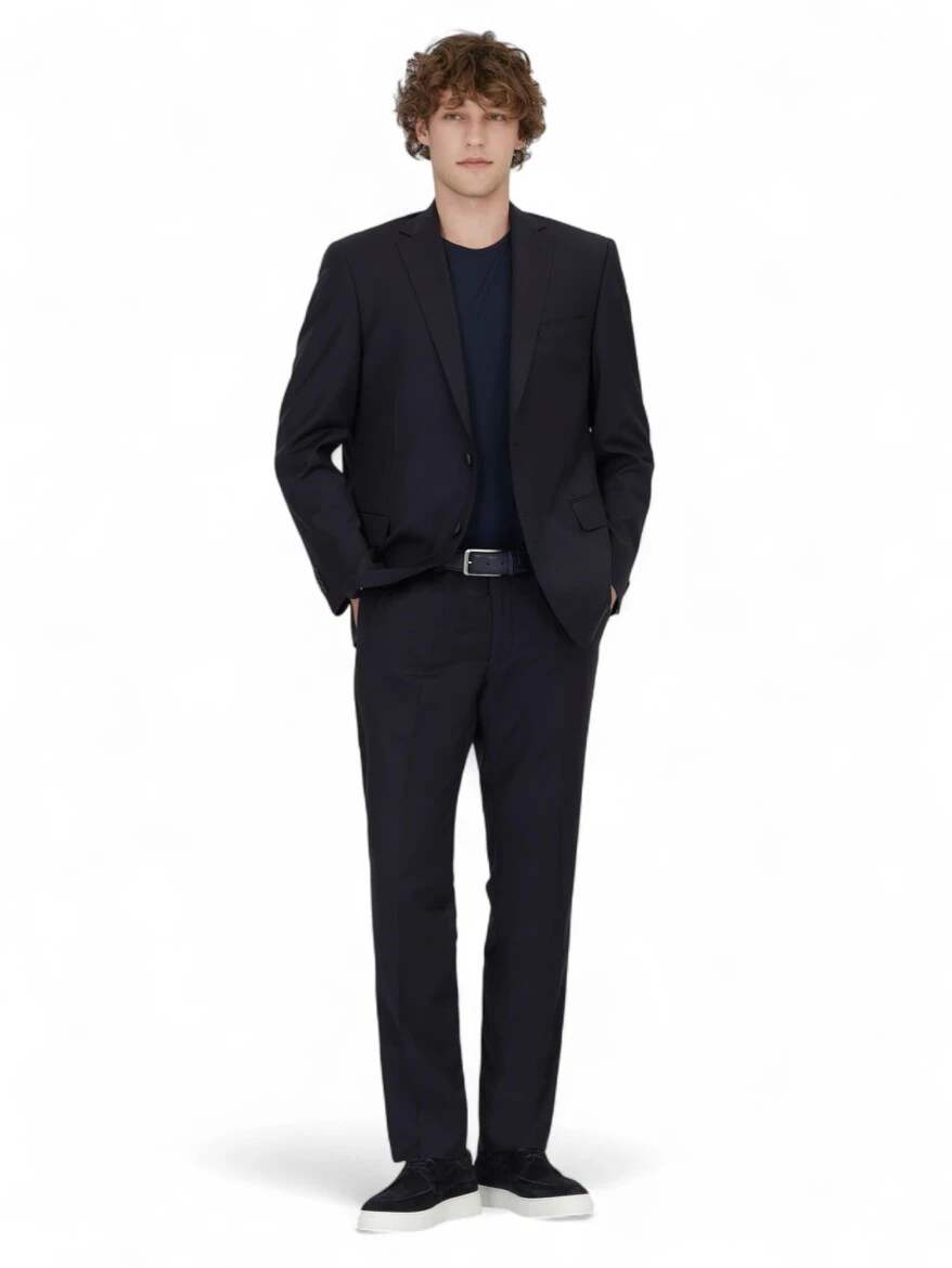 Navy Blue Plain Regular Fit Wool Blended Suit - 2