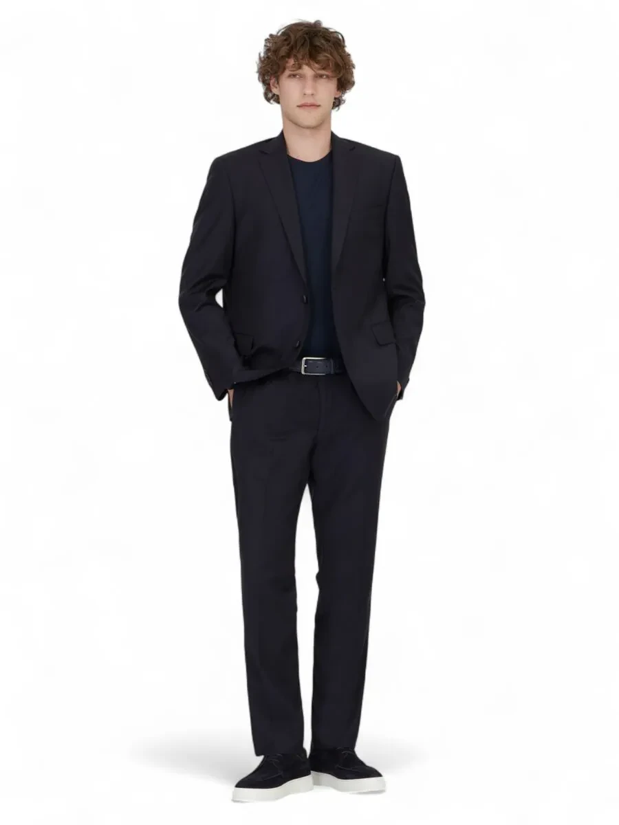 Navy Blue Plain Regular Fit Wool Blended Suit - 2