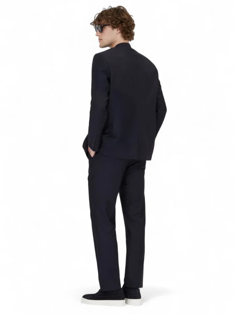 Navy Blue Plain Regular Fit Wool Blended Suit - 5