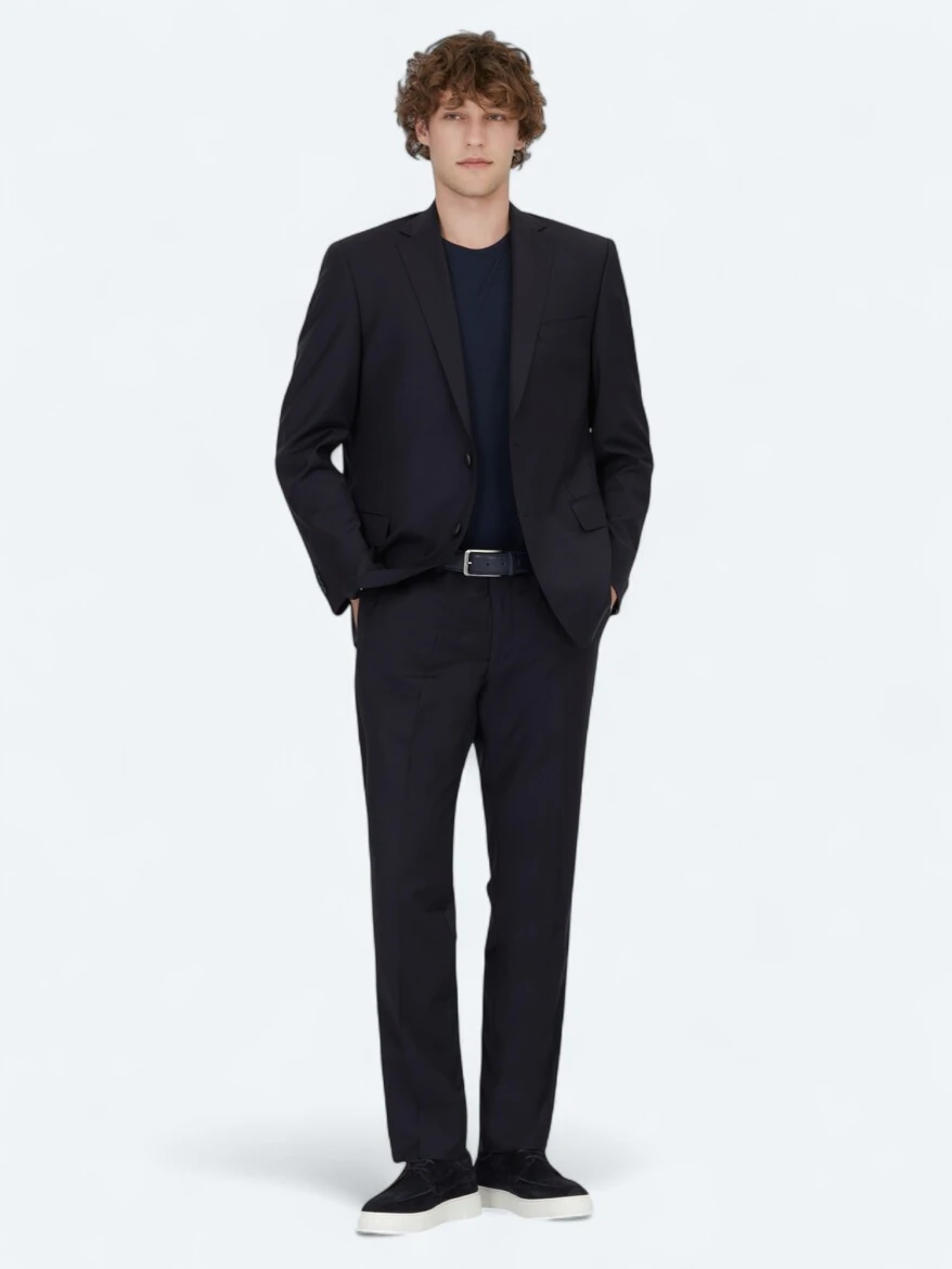Navy Blue Plain Regular Fit Wool Blended Suit - 1