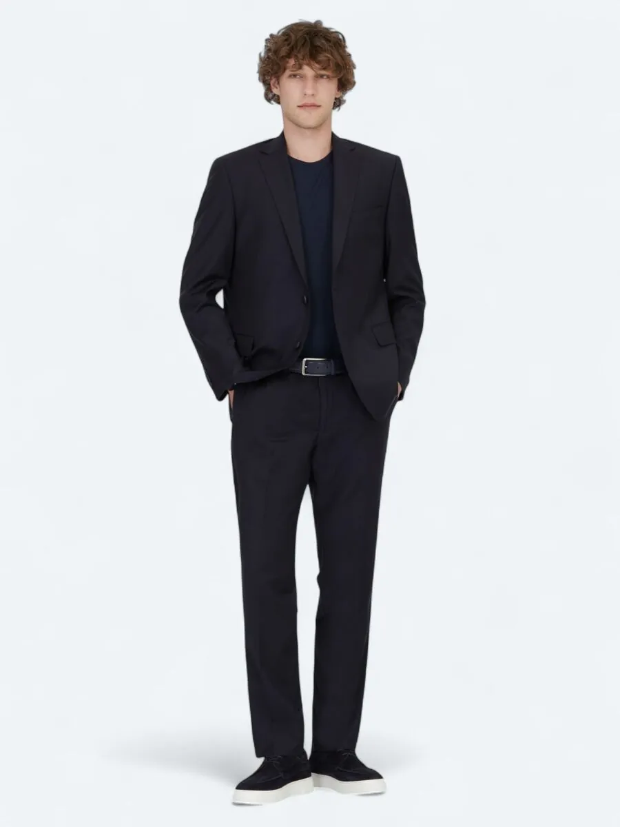 Navy Blue Plain Regular Fit Wool Blended Suit - 1