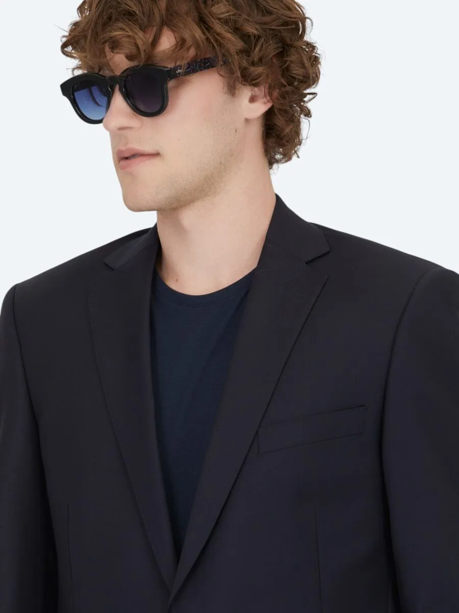 Navy Blue Plain Regular Fit Wool Blended Suit - 3