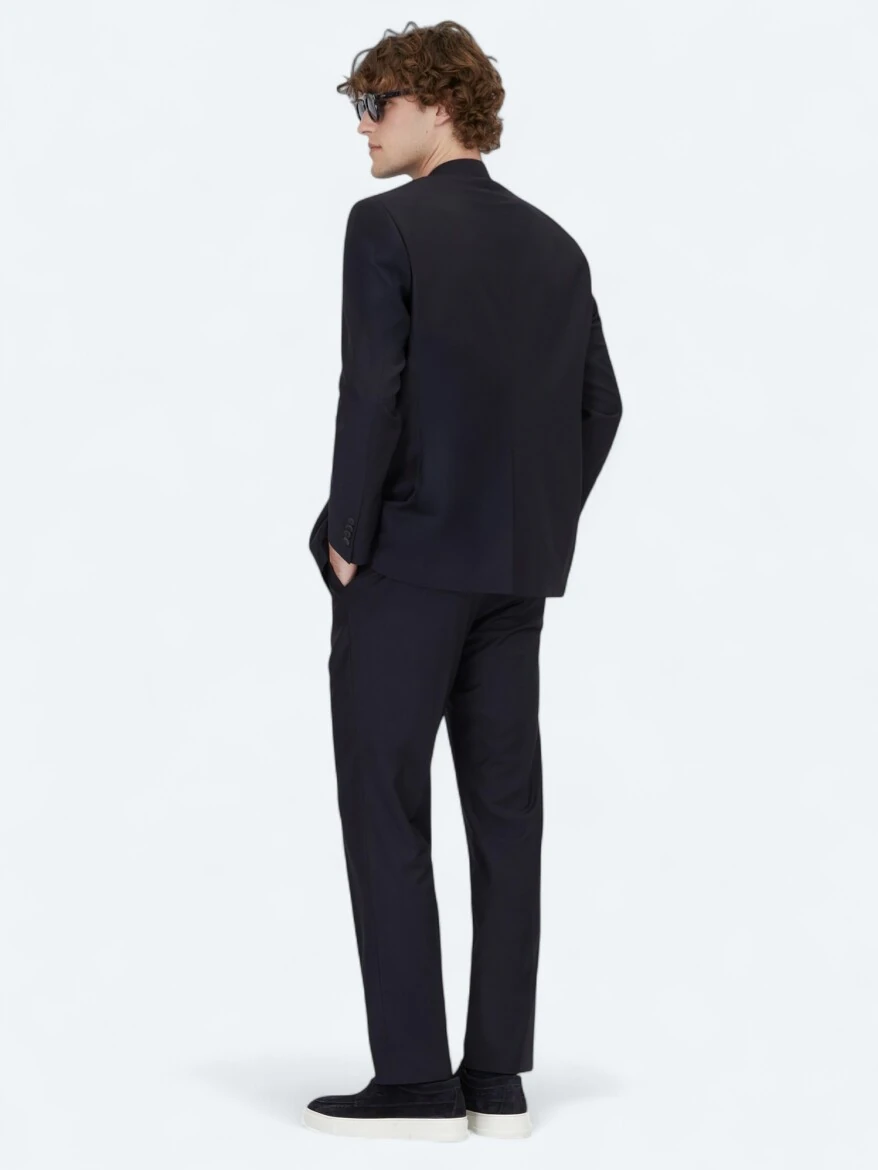 Navy Blue Plain Regular Fit Wool Blended Suit - 5