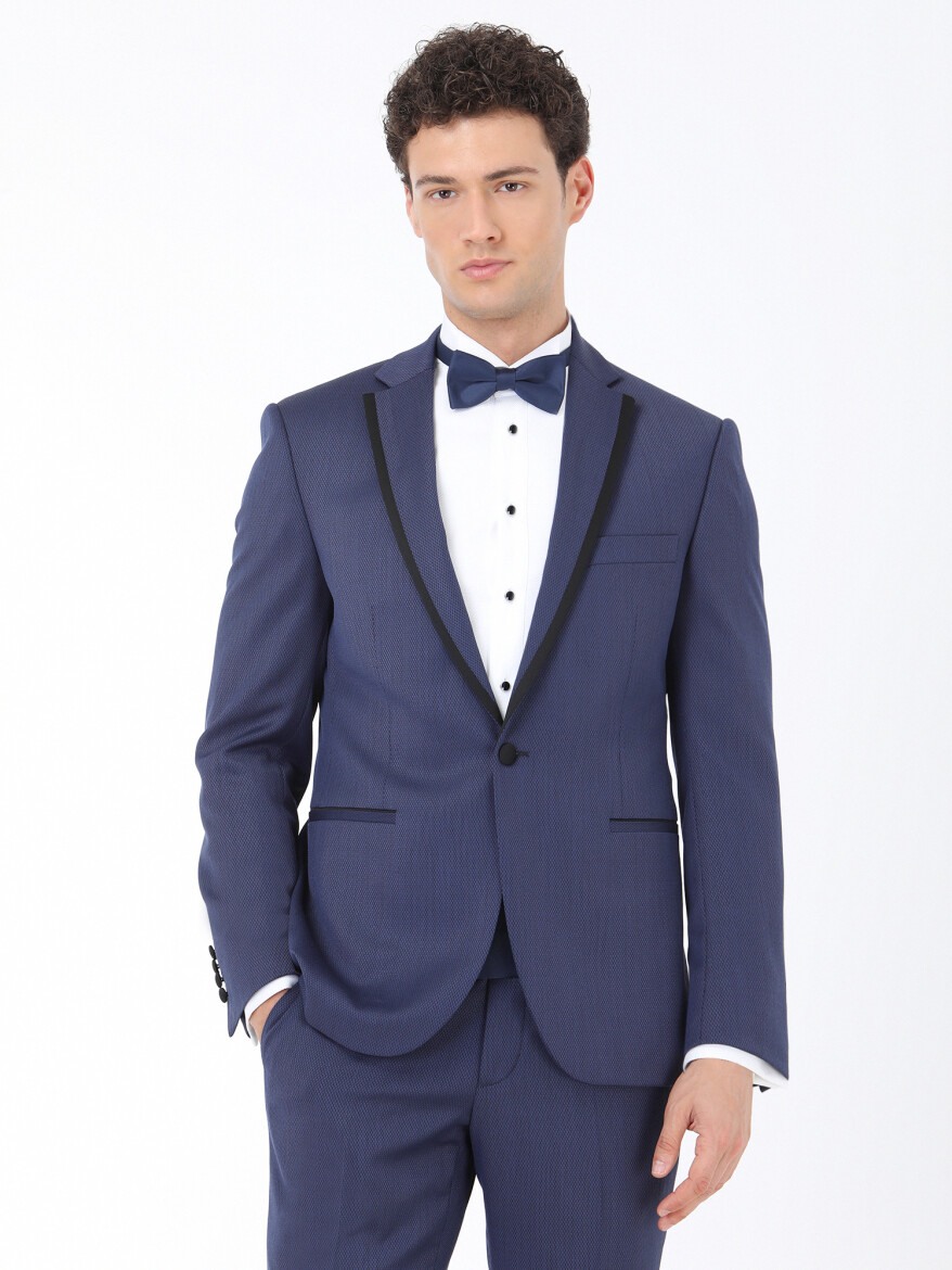 Navy Blue Plain Slim Fit Butterfly Collar Weaving Tuxedo - 1