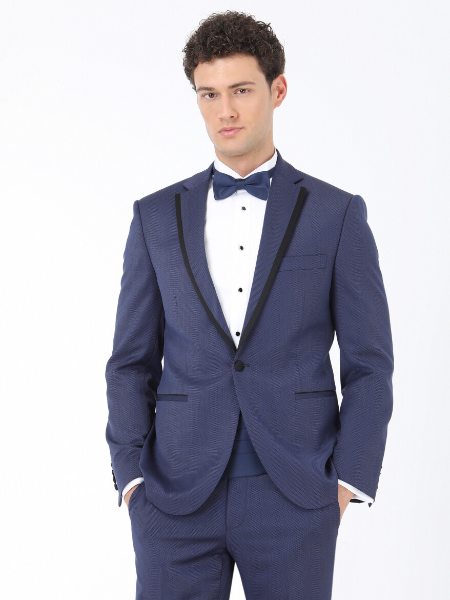 Navy Blue Plain Slim Fit Butterfly Collar Weaving Tuxedo - 2