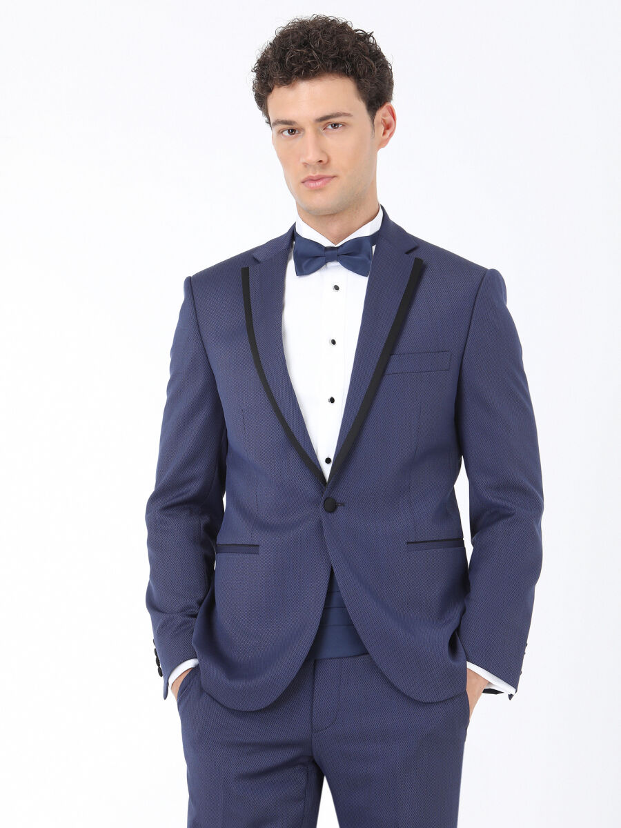 Navy Blue Plain Slim Fit Butterfly Collar Weaving Tuxedo - 2