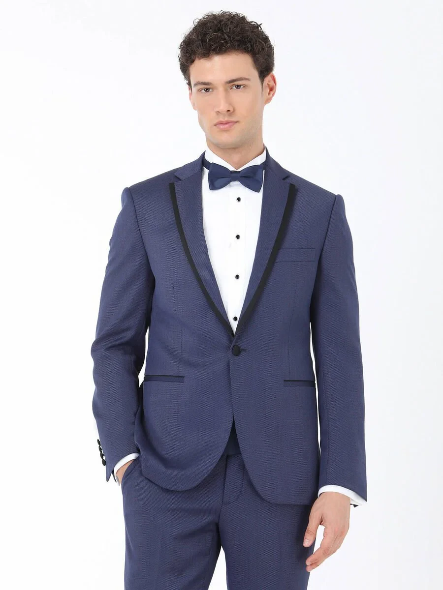 Navy Blue Plain Slim Fit Butterfly Collar Weaving Tuxedo - 1