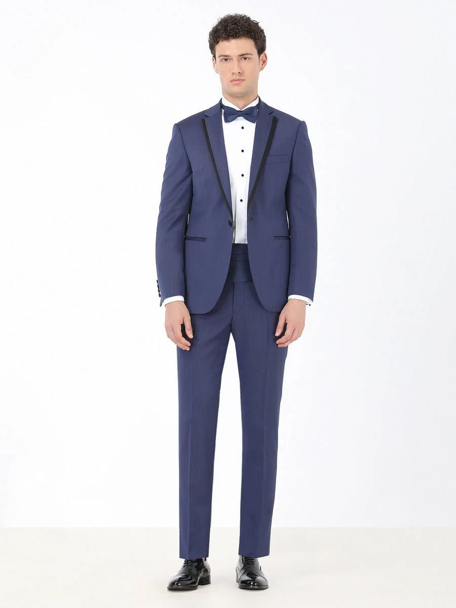 Navy Blue Plain Slim Fit Butterfly Collar Weaving Tuxedo - 2