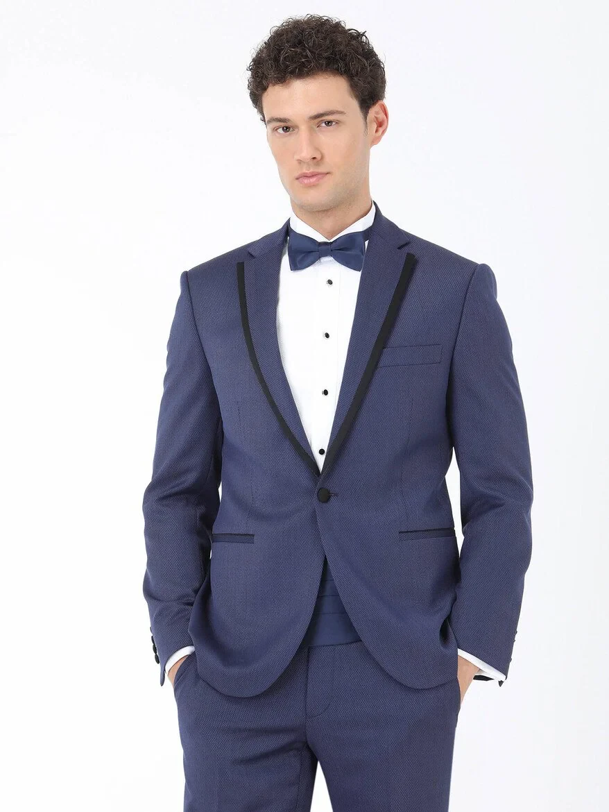 Navy Blue Plain Slim Fit Butterfly Collar Weaving Tuxedo - 3
