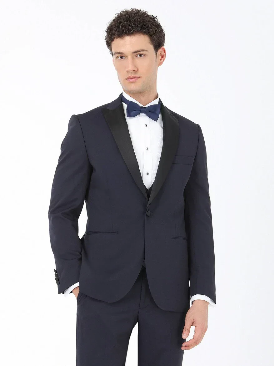 Navy Blue Plain Slim Fit Detachable Collar Weaving Tuxedo With West - 1